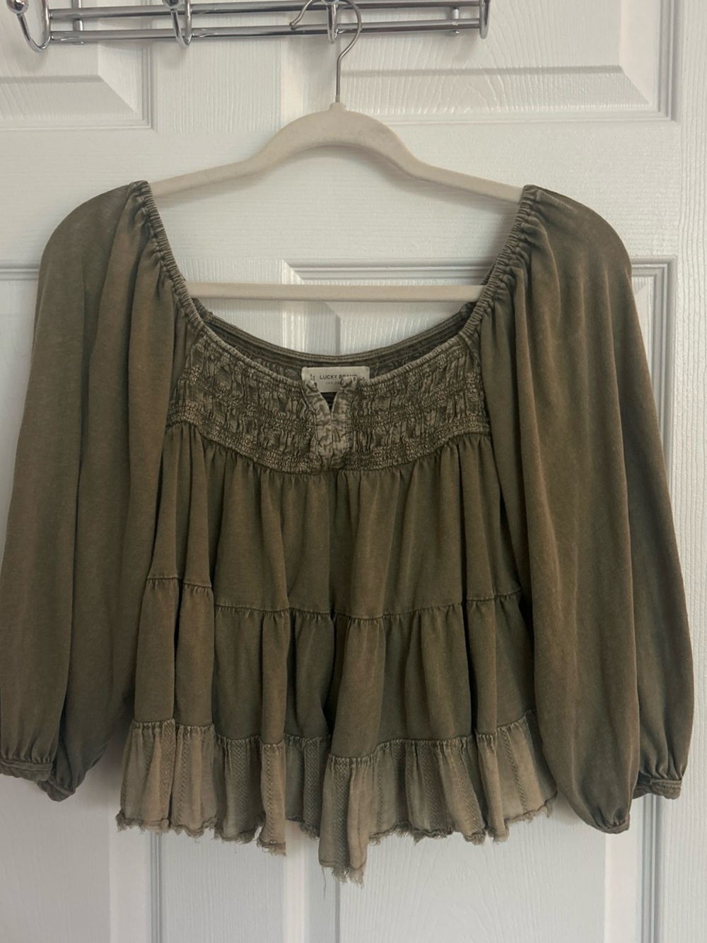 Lucky Brand Olive Tiered Peasant Top
